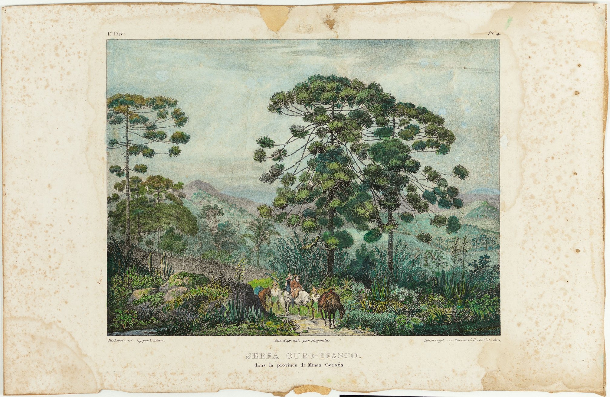 Litografia Rugendas sobre o caminho dos tropeiros na Serra do Ouro Branco entre 1827-1835